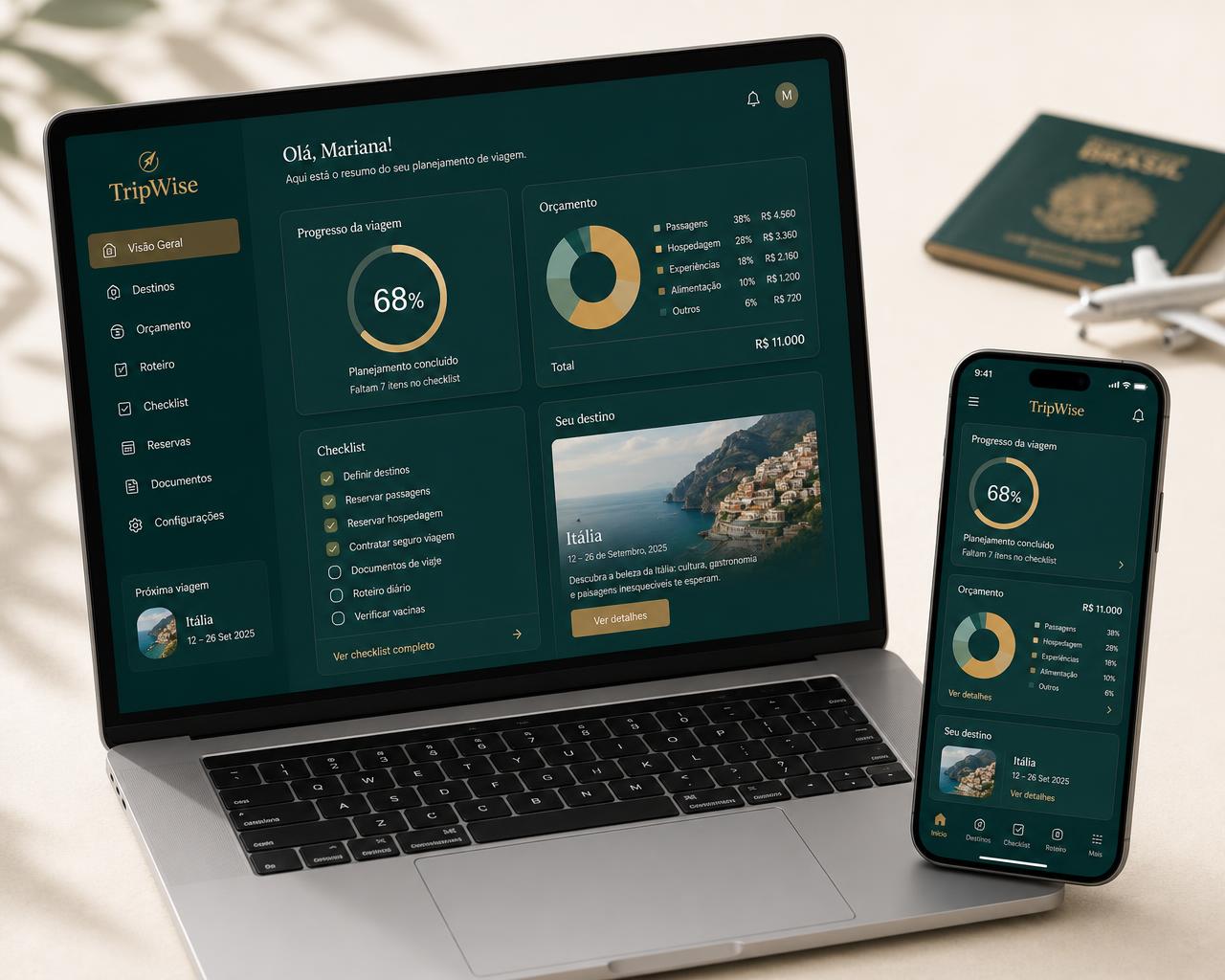 Plataforma TripWise aberta em notebook e celular mostrando painel de status, orçamento e checklist da viagem